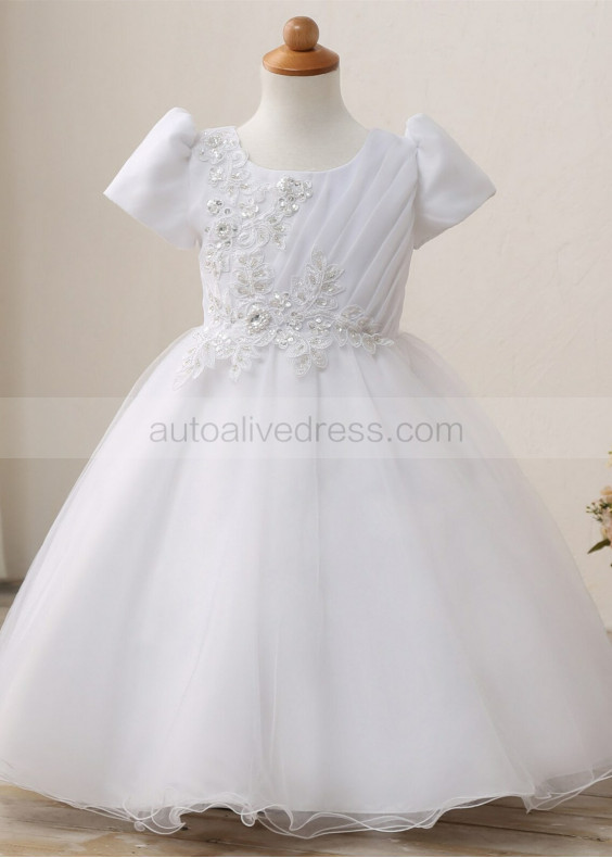 Short Sleeves Beaded White Lace Organza Flower Girl Dress